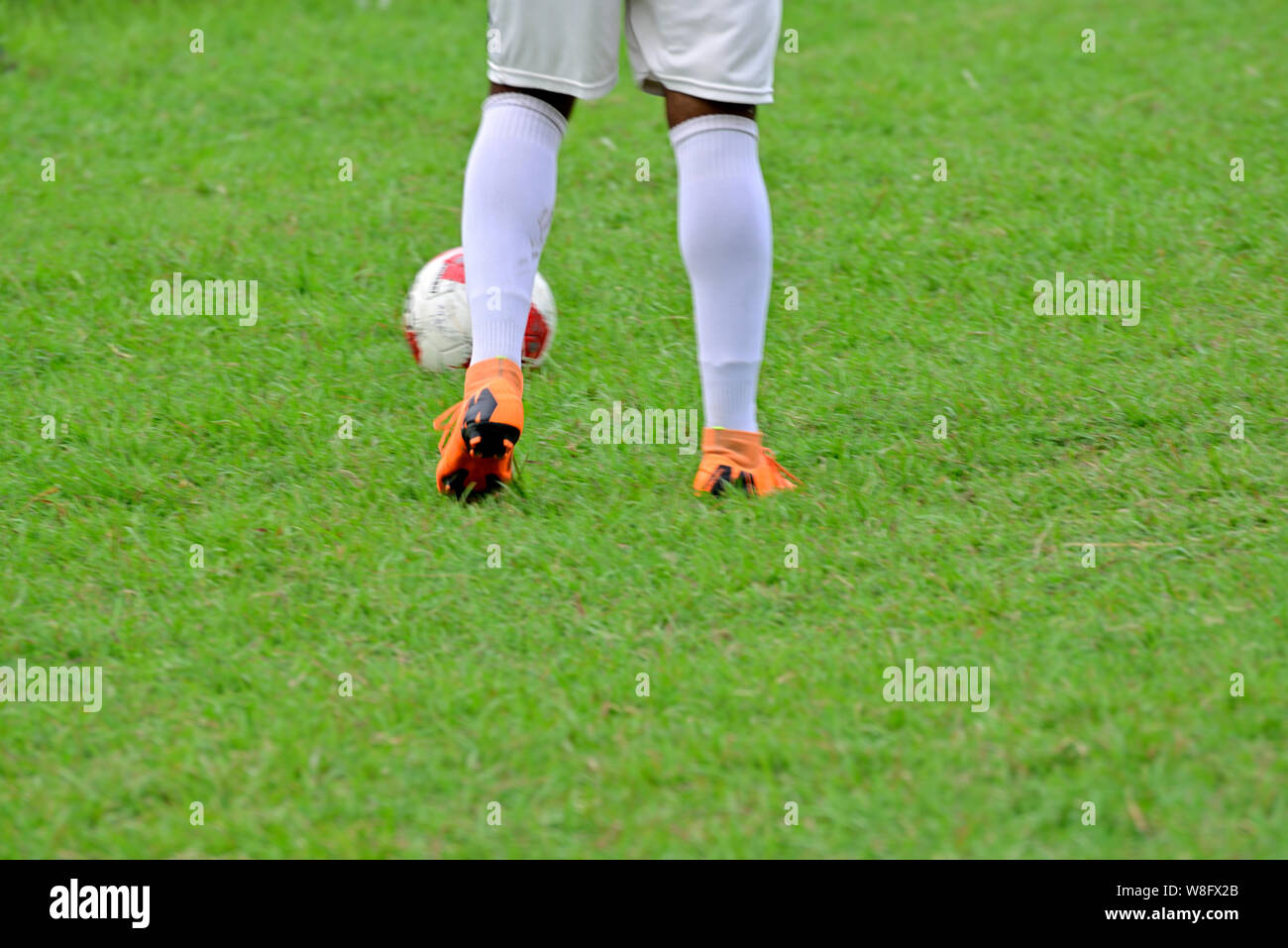 Soccer player is running to kick soccer ball Stock Photo Alamy