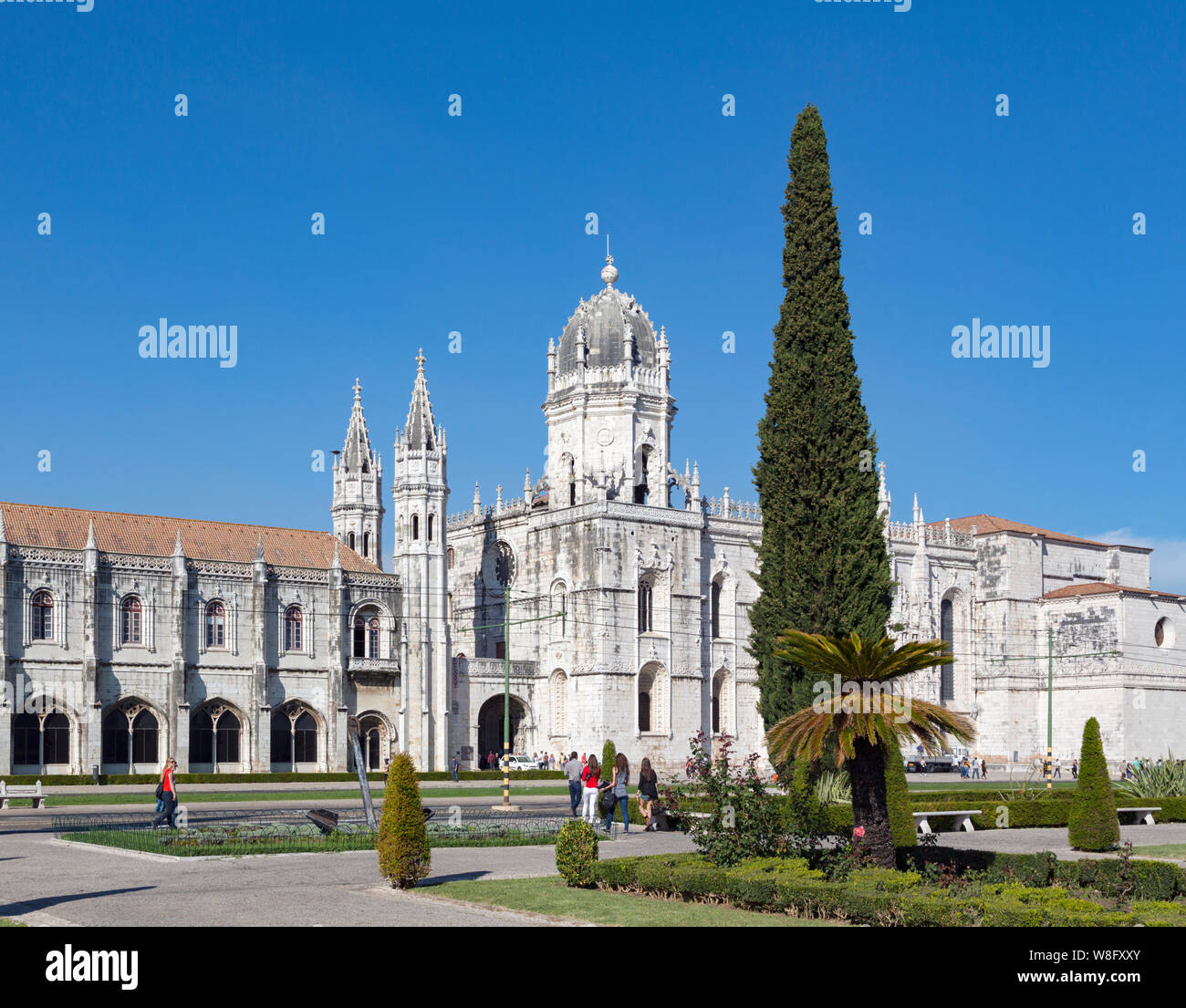 Lisbon, Portugal. The facade of the Mosteiro dos Jeronimos, or the Monastery of the Hieronymites. The monastery is considered a triumph of Ma Stock Photo