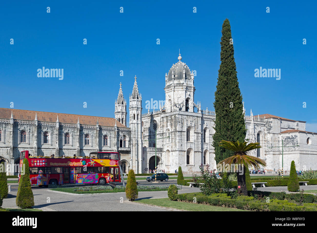 Lisbon, Portugal. The exterior facade of the Mosteiro dos Jeronimos, or the Monastery of the Hieronymites. The monastery is considered a triumph of Ma Stock Photo