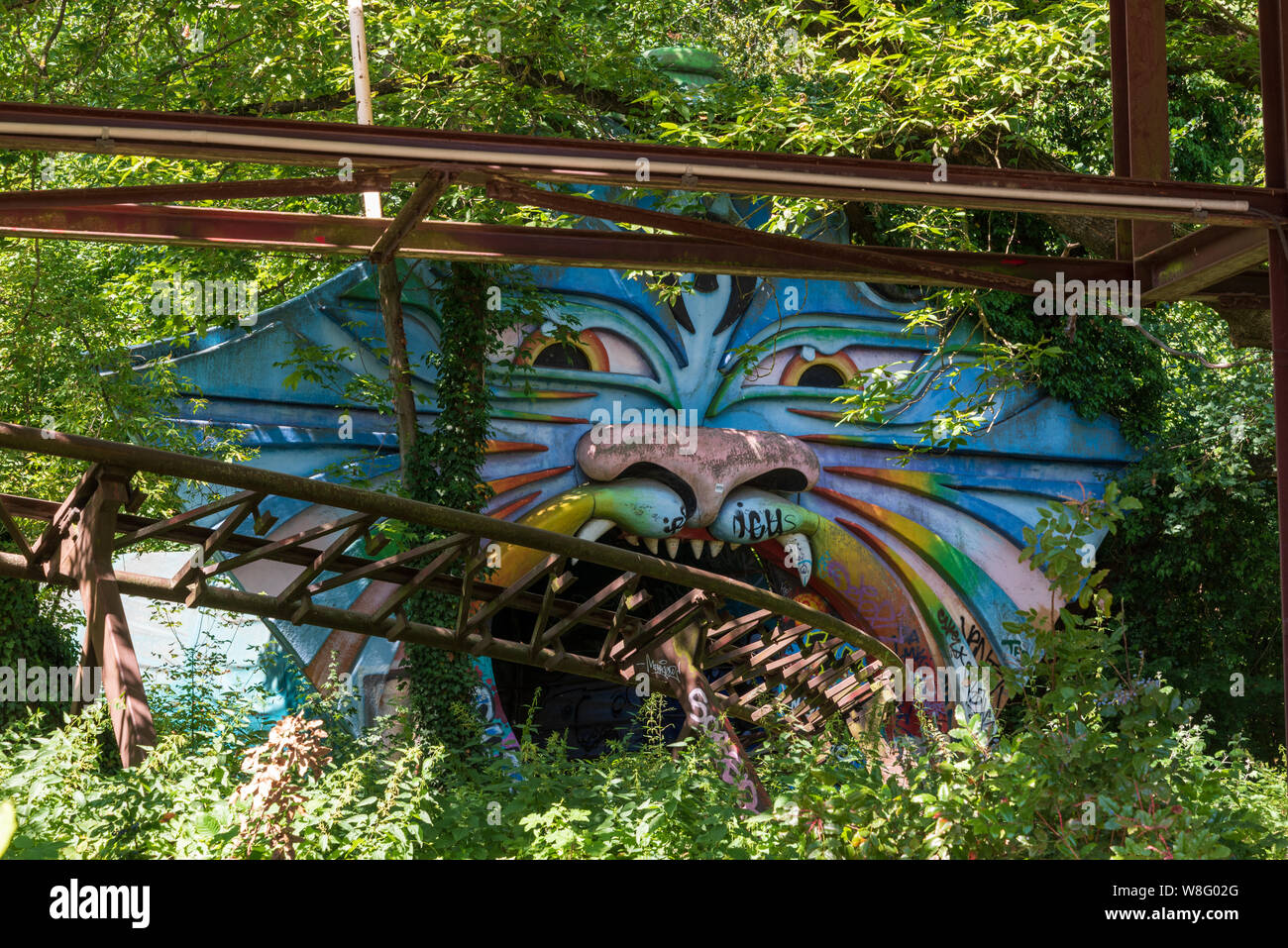 Abandoned rollercoaster in Spreepark, disused Berlin theme park from the GDR era Stock Photo