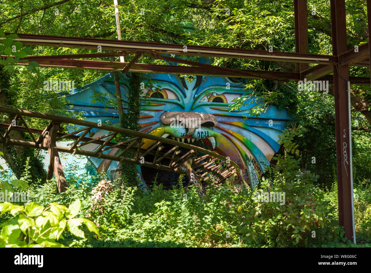 Abandoned rollercoaster in Spreepark, disused Berlin theme park from the GDR era Stock Photo