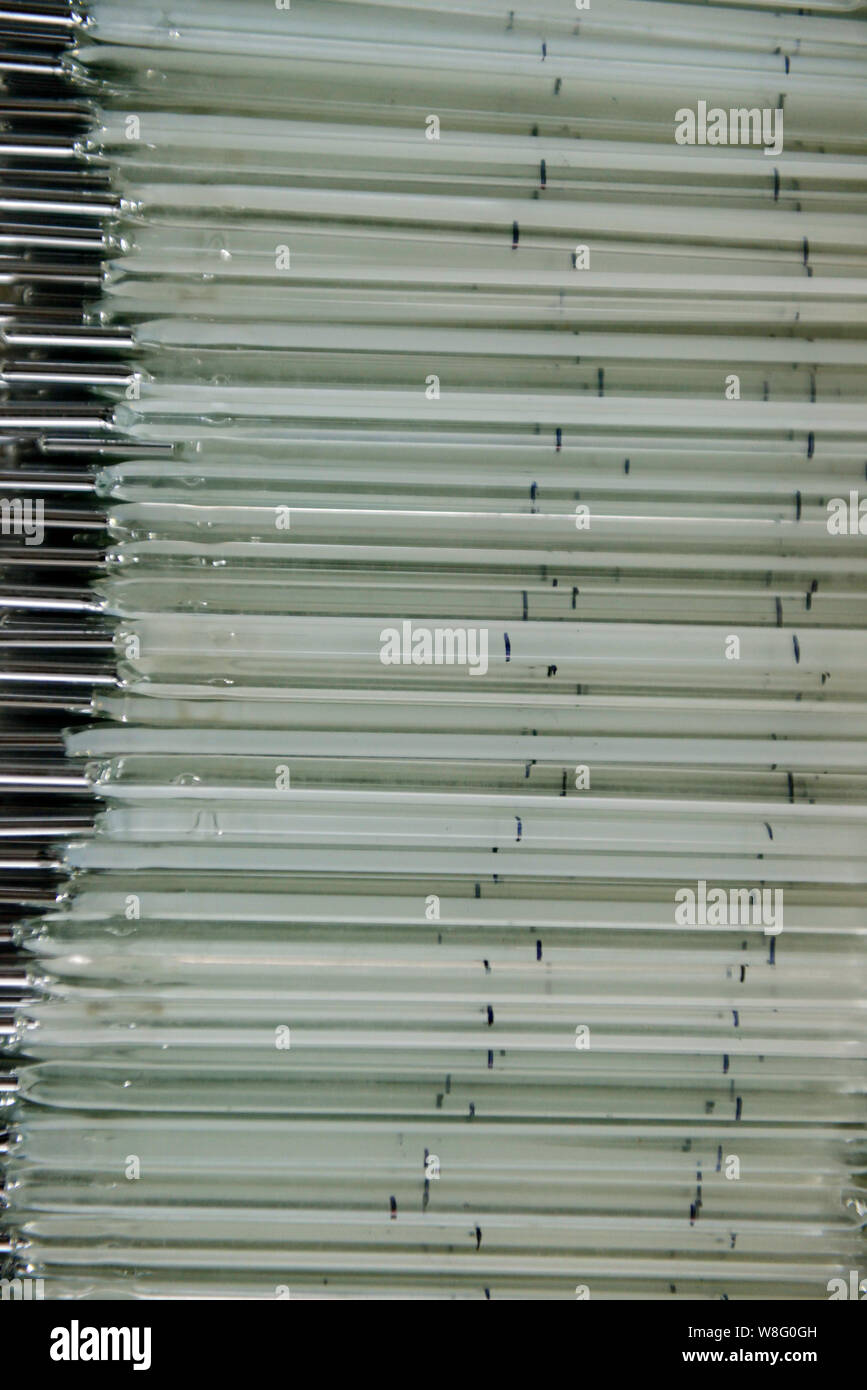 Mercury-in-glass thermometers are piled before being checked at the plant of Jiangsu Yuyue Medical Equipment & Supply Co., Ltd. in Yancheng city, east Stock Photo