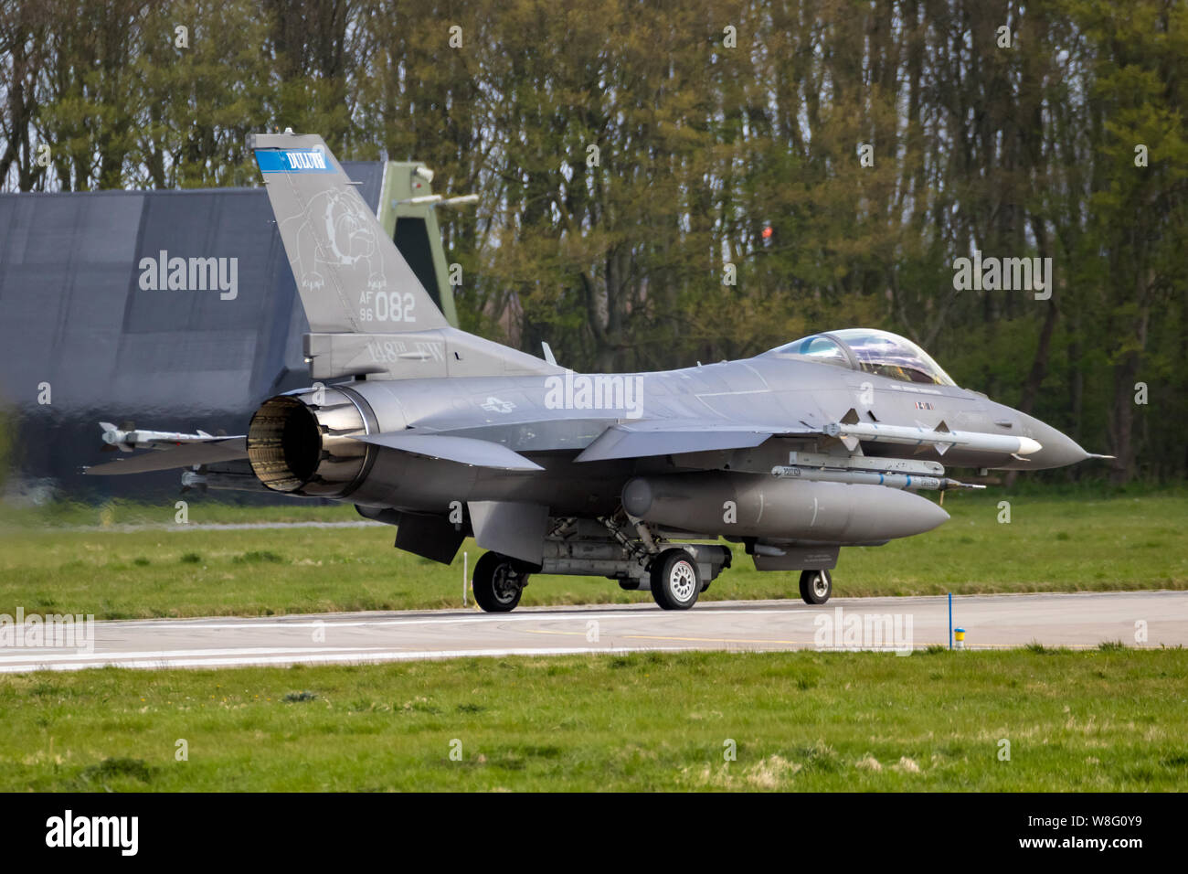 LEEUWARDEN, THE NETHERLANDS - APR 11, 2019: US Air Force F-16C fighter jet plane from 148th FW Minnesota Air National Guard taking off from Leeuwarden Stock Photo