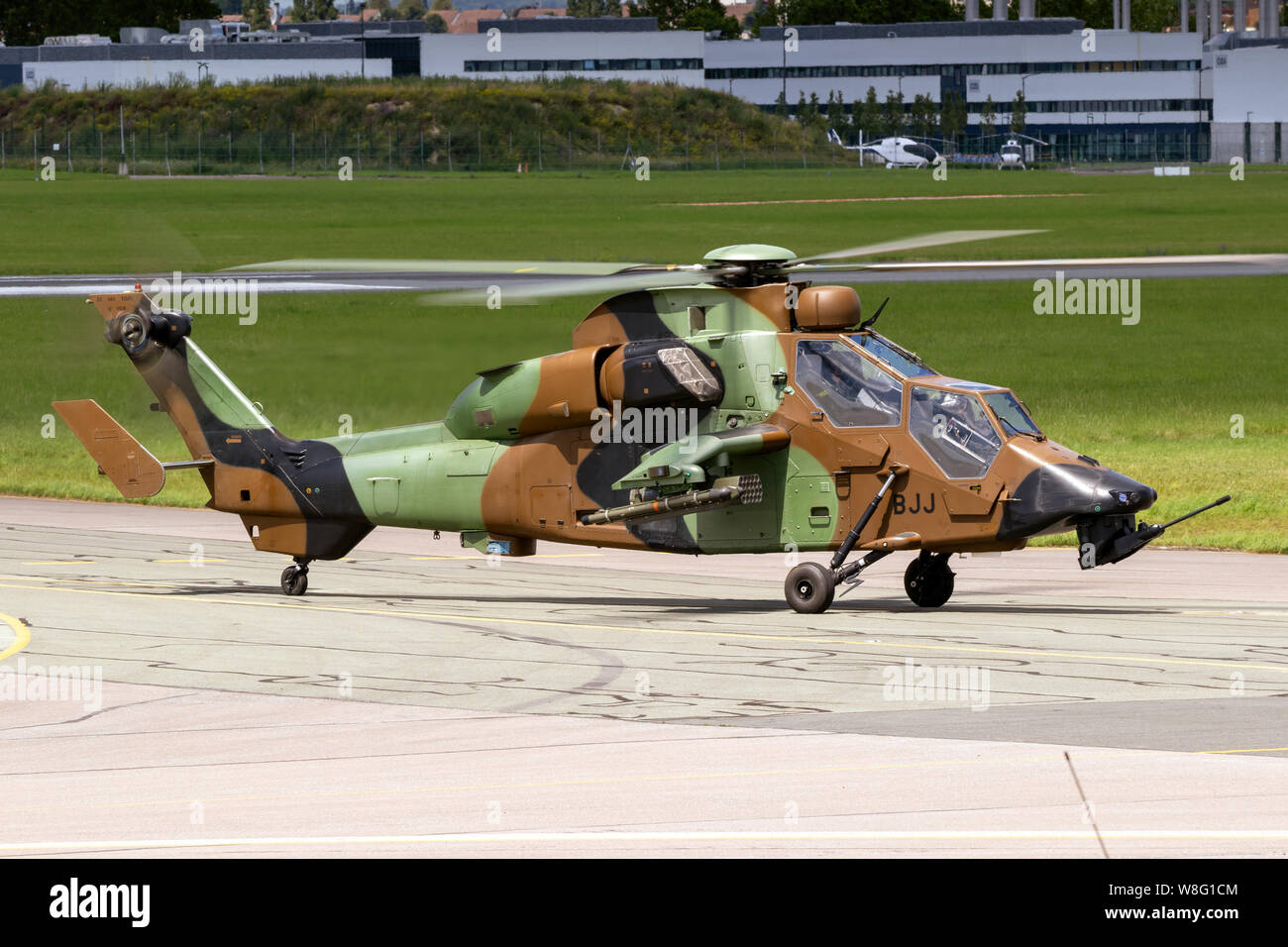 LE BOURGET PARIS - JUN 21, 2019: French Army Eurocopter Airbus EC-665 Tiger attack helicopter at the Paris Air Show. Stock Photo