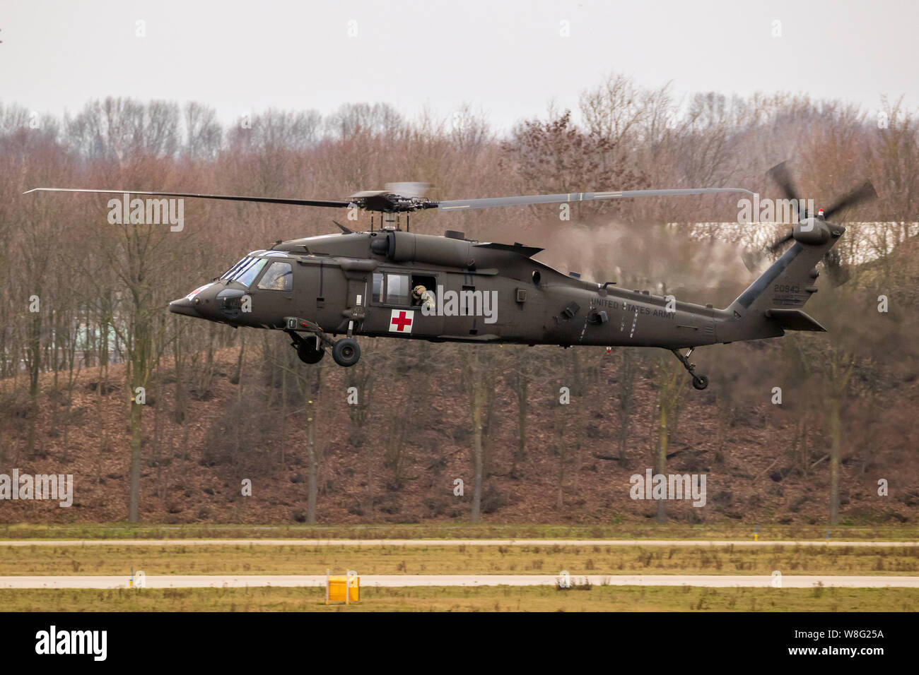EINDHOVEN, THE NETHERLANDS - FEB 2, 2019: United States Army Sikorsky HH-60M Blackhawk transport helicopter in flight. Stock Photo