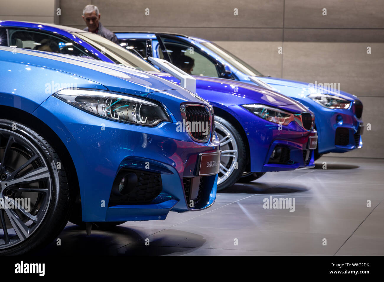 GENEVA, SWITZERLAND - MARCH 6, 2019: Row of new BMW cars showcased at the 89th Geneva International Motor Show. Stock Photo