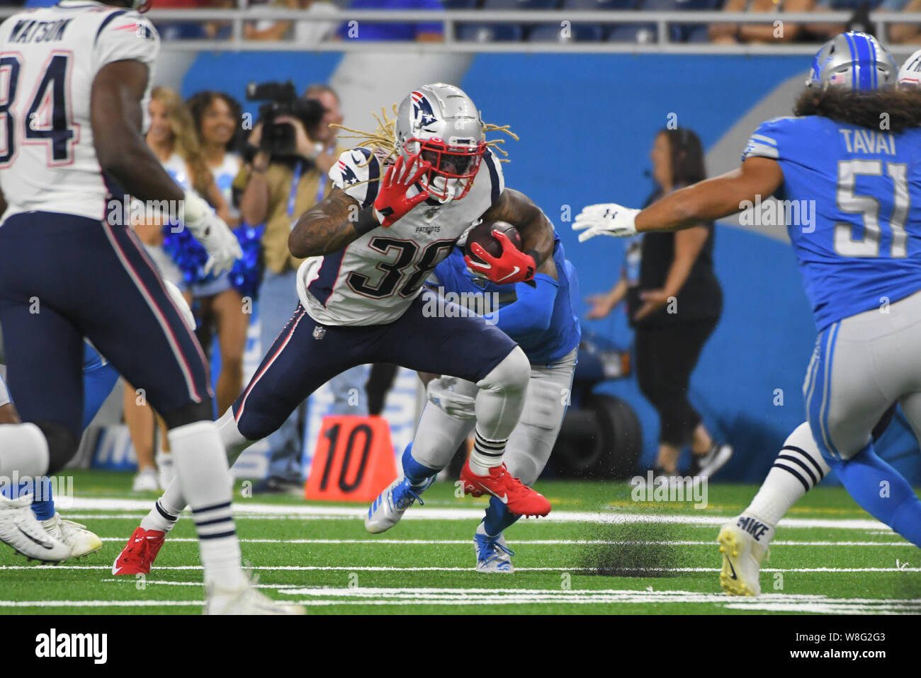 DETROIT, MI - AUGUST 8: New England Patriots RB Brandon Bolden (38) carries the ball during NFL pre-season game between New England Patriots and Detroit Lions on August 8, 2019 at Ford Field in Detroit, MI (Photo by Allan Dranberg/CSM) Stock Photo