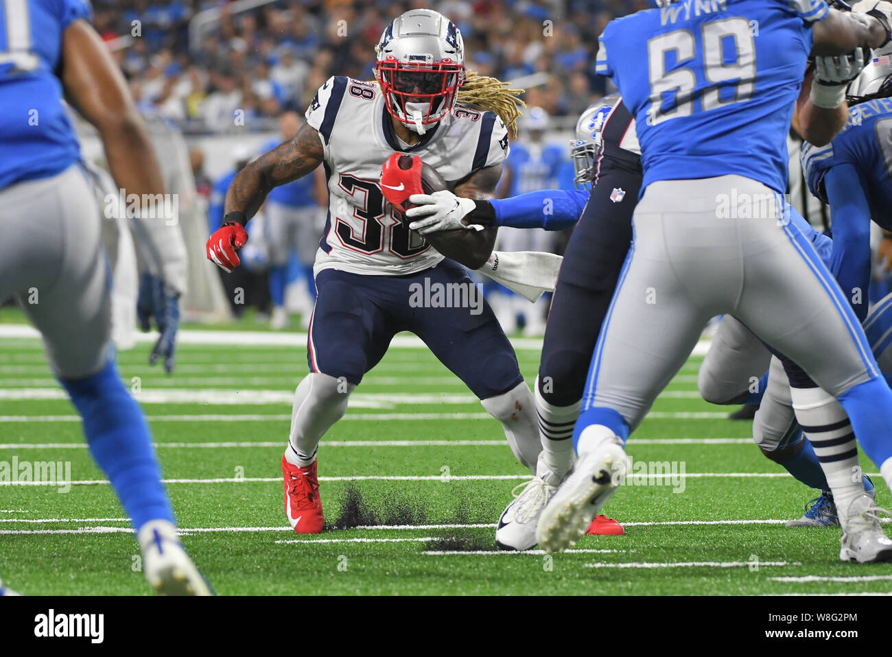 DETROIT, MI - AUGUST 8: New England Patriots RB Brandon Bolden (38) in action during during NFL pre-season game between New England Patriots and Detroit Lions on August 8, 2019 at Ford Field in Detroit, MI (Photo by Allan Dranberg/CSM) Stock Photo