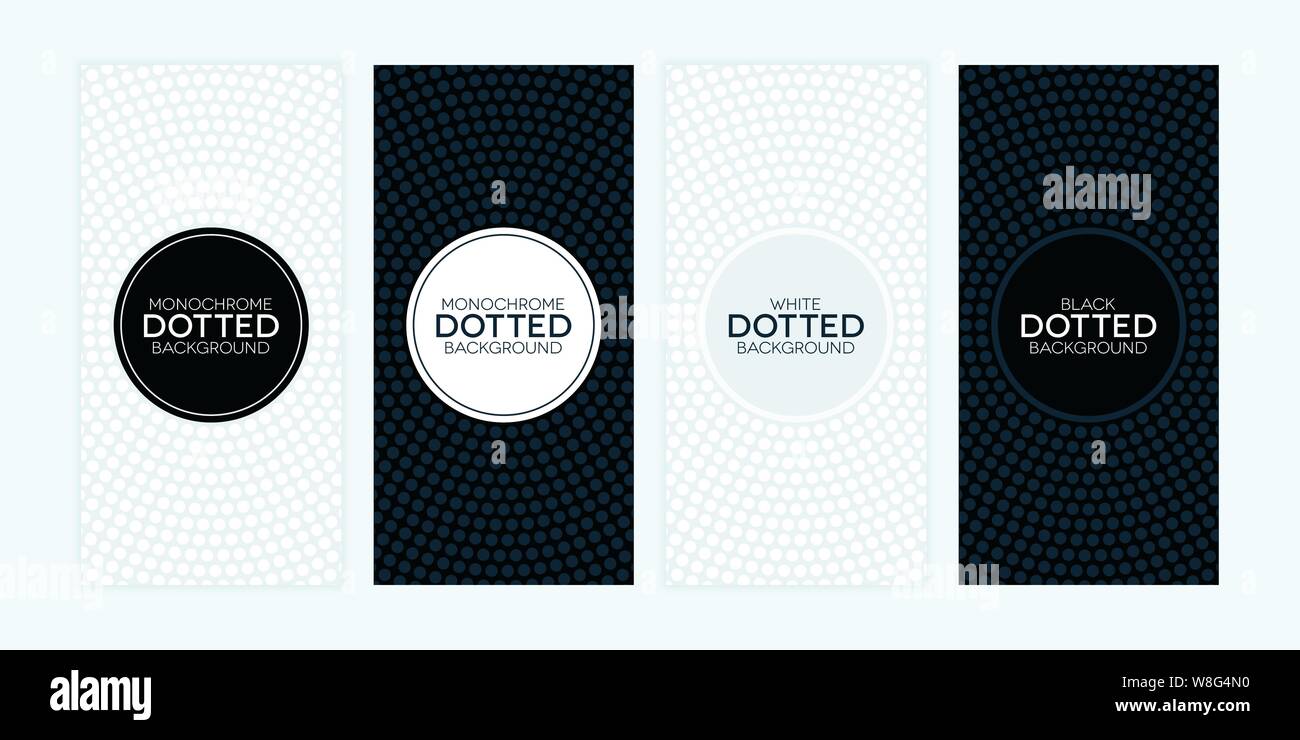 Black and white banners with circular dotted textures. Monochrome