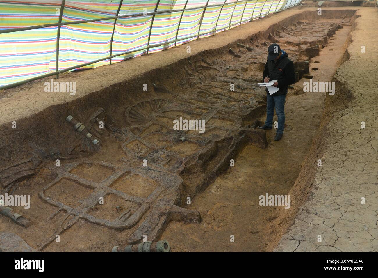 An archaeologist surveys the site of the earliest garage in China near a tomb dating back to either the Western Zhou Dynasty (1046 B.C.-771 B.C.) or t Stock Photo