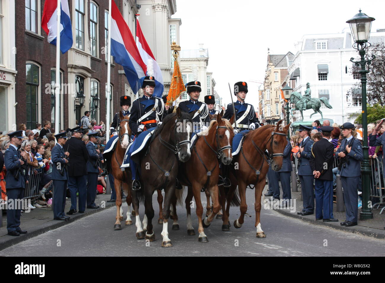 Cavalry Soldiers riding at the Parliament on Prinsjesdag (annual presentation of Government Policy to the Parliament by Queen Beatrix) in The Hague Stock Photo