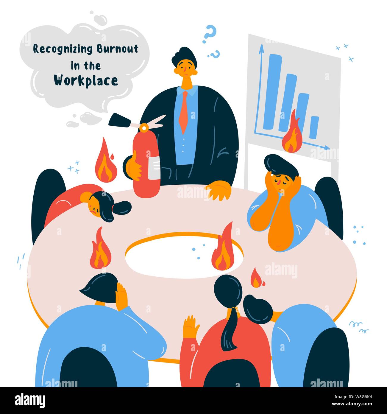 Emotional burnout office workers with their boss. Stock Vector