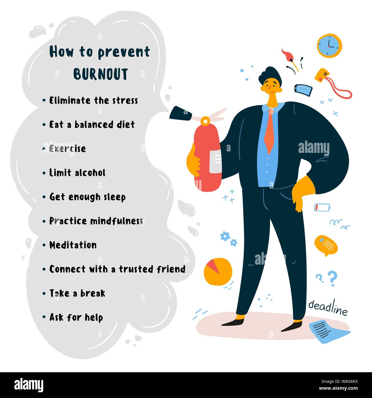 A man stands with a fire extinguisher.Burnout Stock Vector