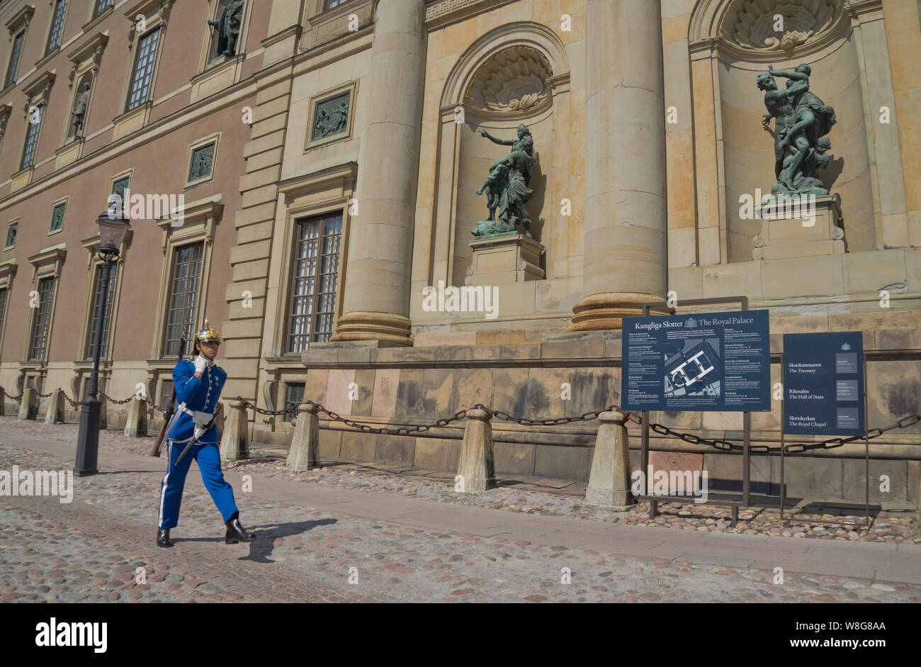 Guard in ceremonial uniform outside the Royal Palace in Stockholm,Swede Stock Photo