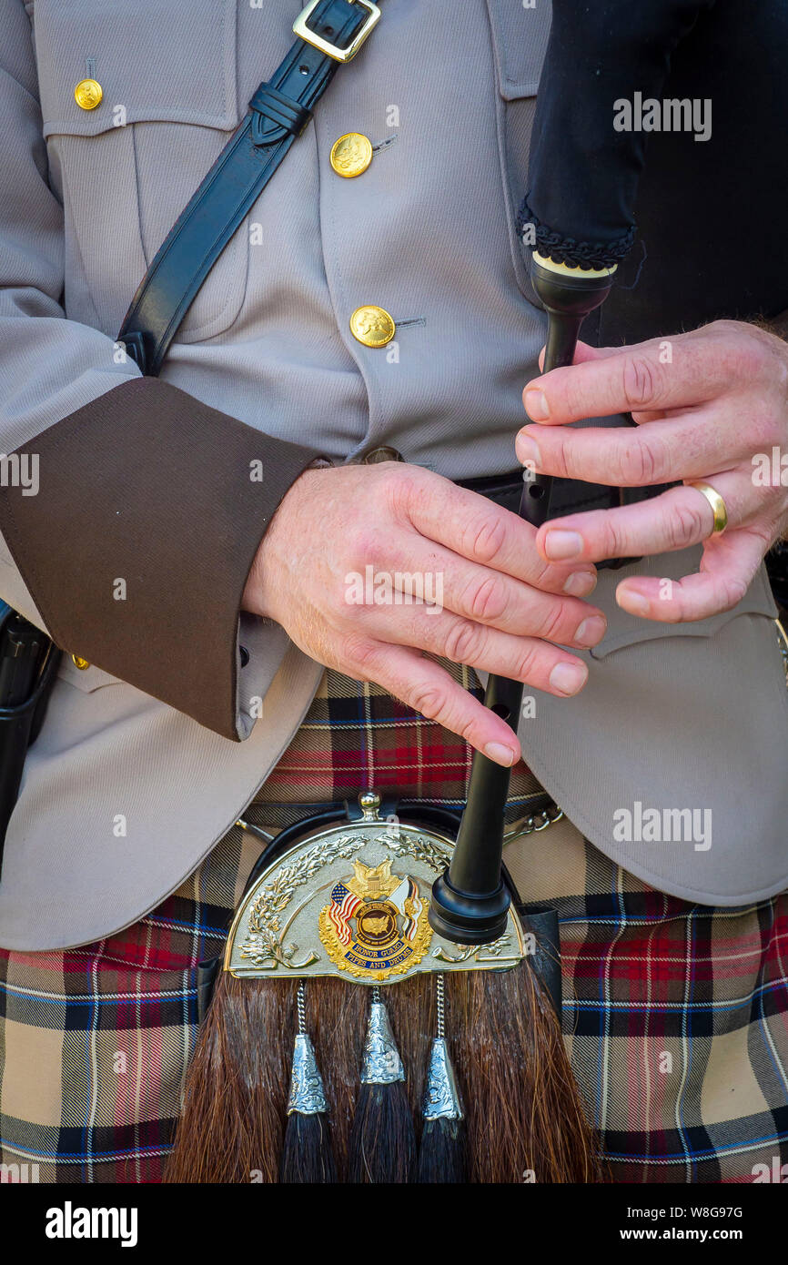 Close up of a man playing the bagpipes Stock Photo