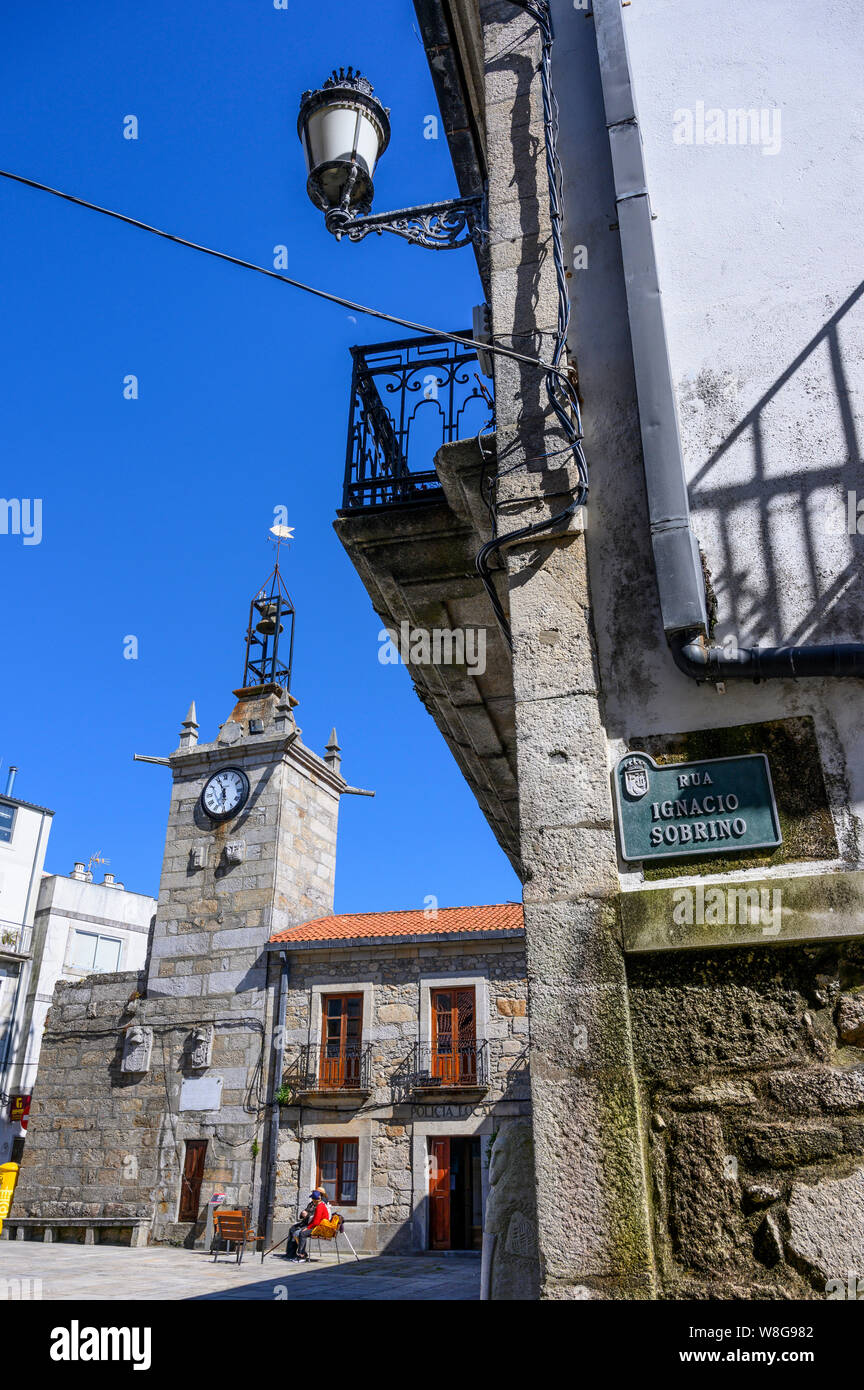 The  Torre del Reloj, clock tower, and the Praza Do Relo in the town of A Guarda, Pontevedra Province, Galicia, North West Spain. Stock Photo