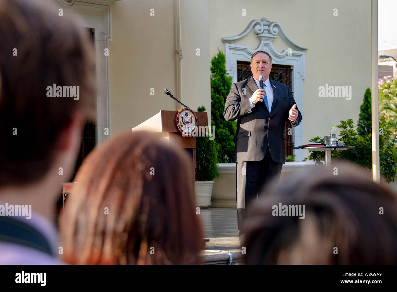 U.S. Secretary of State Michael R. Pompeo delivers remarks while meeting with staff and families of U.S. Embassy Lima, in Lima, Peru, April 13, 2019 Stock Photo