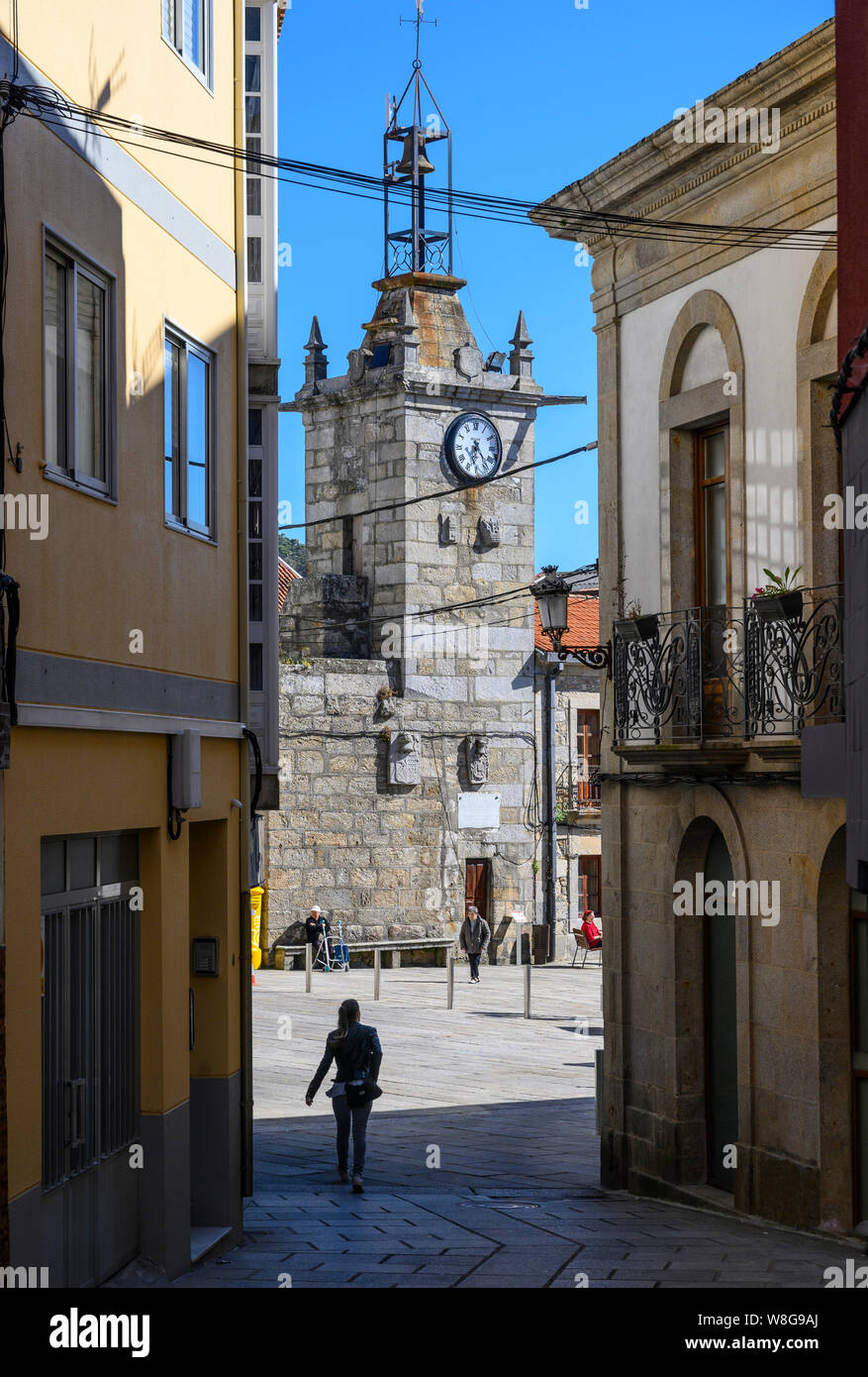 The  Torre del Reloj, clock tower, and the Praza Do Relo in the town of A Guarda, Pontevedra Province, Galicia, North West Spain. Stock Photo