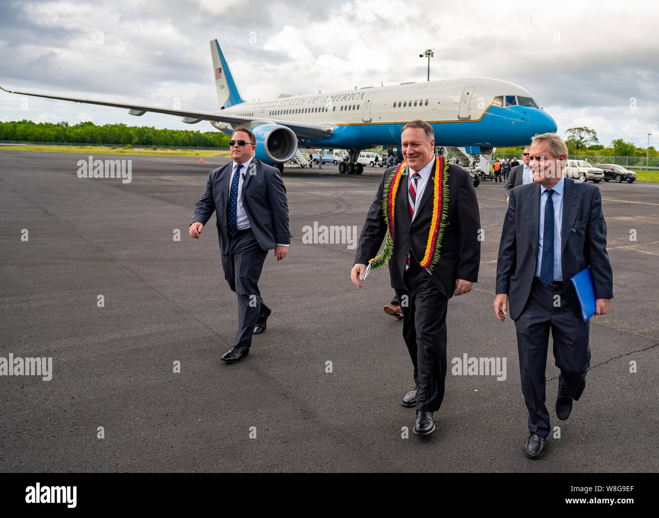 U.S. Secretary of State Mike Pompeo arrives in Kolonia, Federated States of Micronesia, on August 5, 2019. Stock Photo