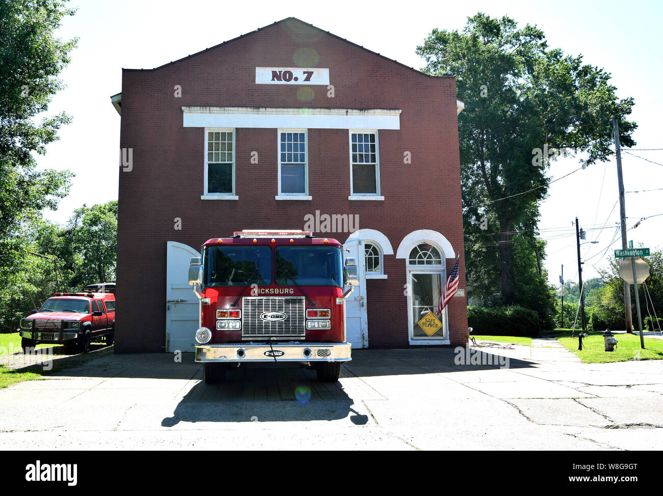 Fire truck in front of Engine House 7, a fire department in Vicksburg