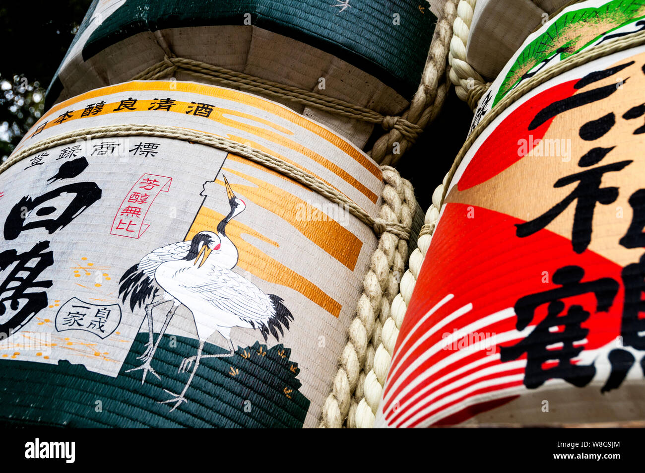 Japanese kazaridaru or decoration sake barrels at a Haichiman Shinto