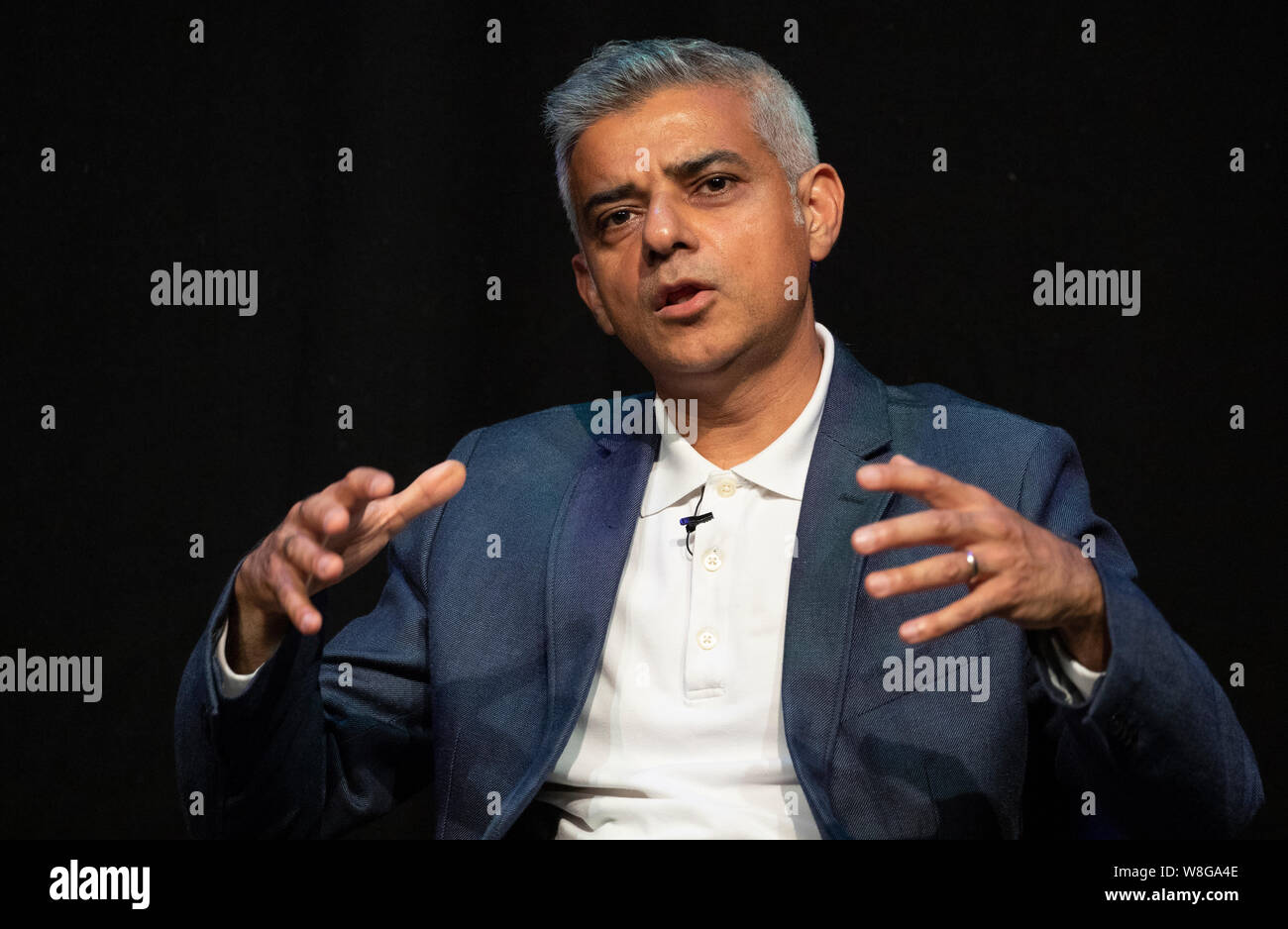 Mayor of London Sadiq Khan being interviewed by Iain Dale at the Gilded Balloon Teviot, Edinburgh, during the Edinburgh Fringe Festival. Stock Photo