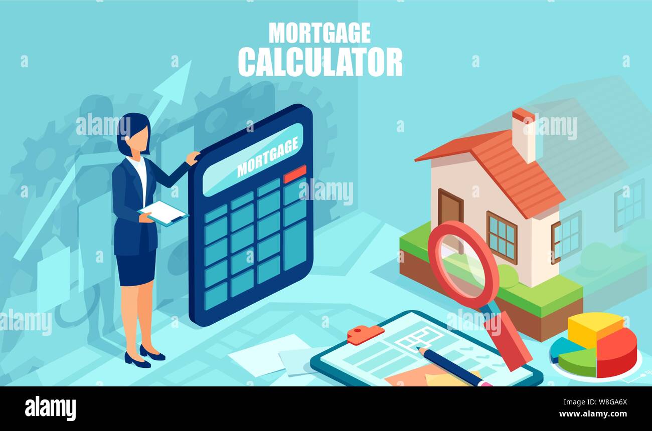 Mortgage calculator concept. Vector of a business woman banker with calculator on a background of a buyer home Stock Vector