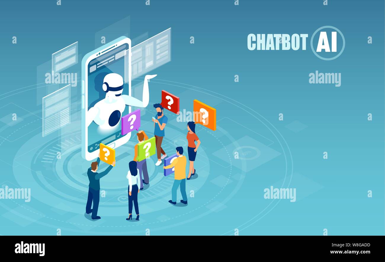 Artificial intelligence and chat bot technology concept. Vector of men and women chatting with chatbot application. Stock Vector