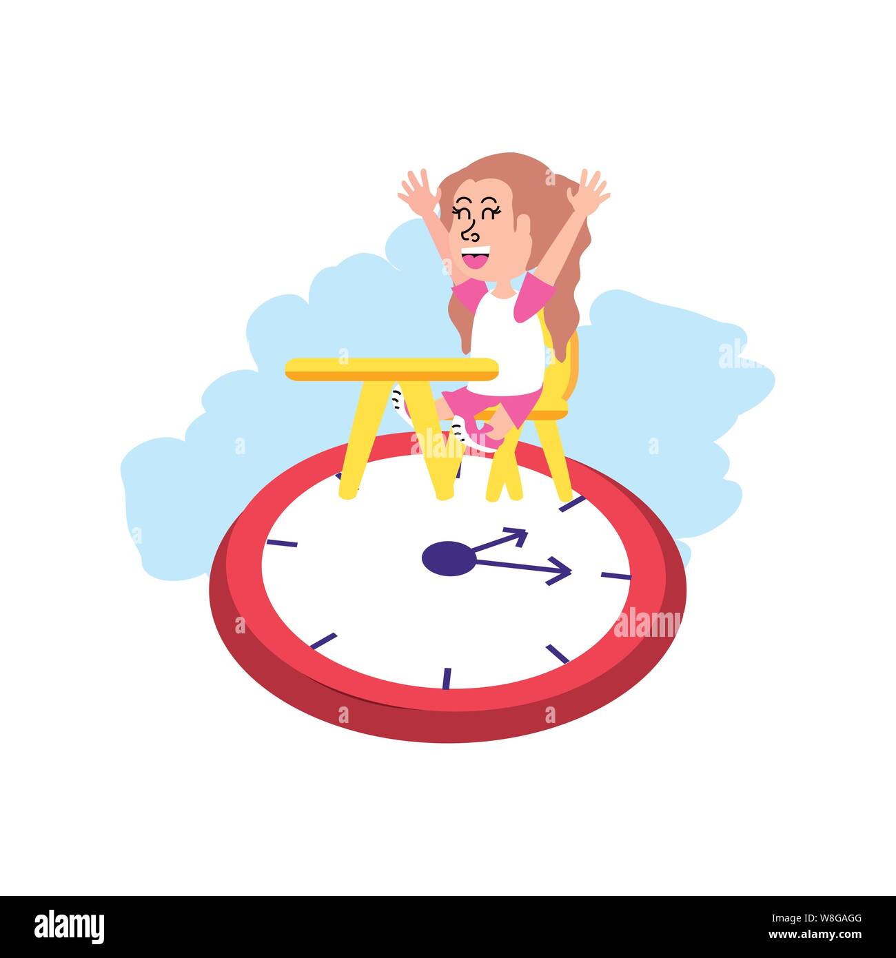 cute little student girl in desk school and clock vector illustration ...