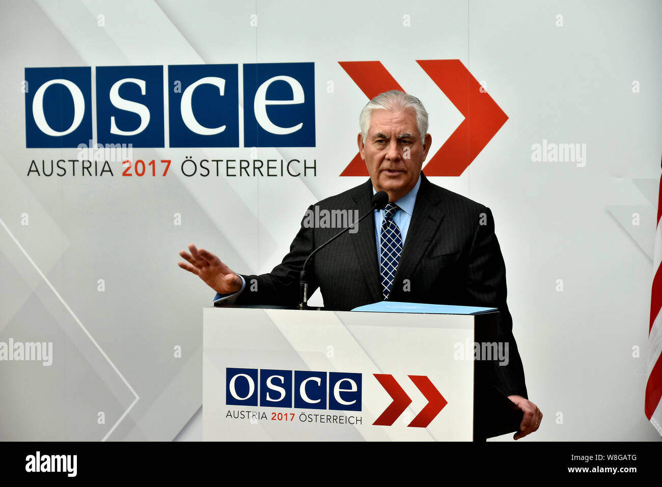 U.S. Secretary of State Rex Tillerson addresses the media at the 2017 Organization for Security and Co-operation in Europe (OSCE) Ministerial Council Stock Photo