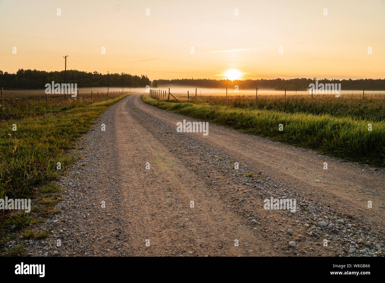 Dirt road leading to fog and sunrise during sunrise Stock Photo - Alamy