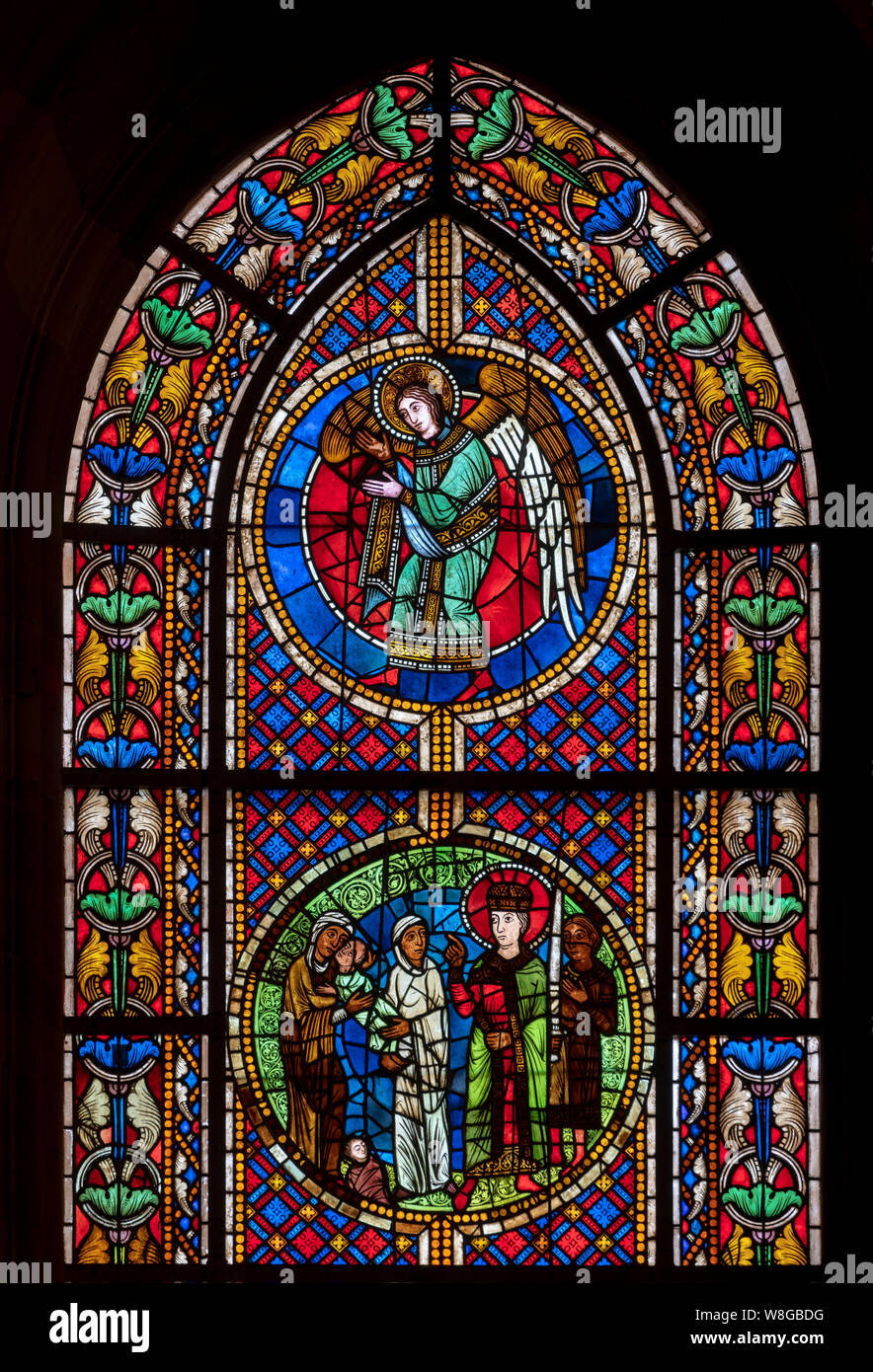Straßburger Münster, Cathédrale Notre-Dame de Strasbourg, Fenster des nördlichen Querhauses, Rechtes Fenster Nordwand: Urteil des Salomo Stock Photo