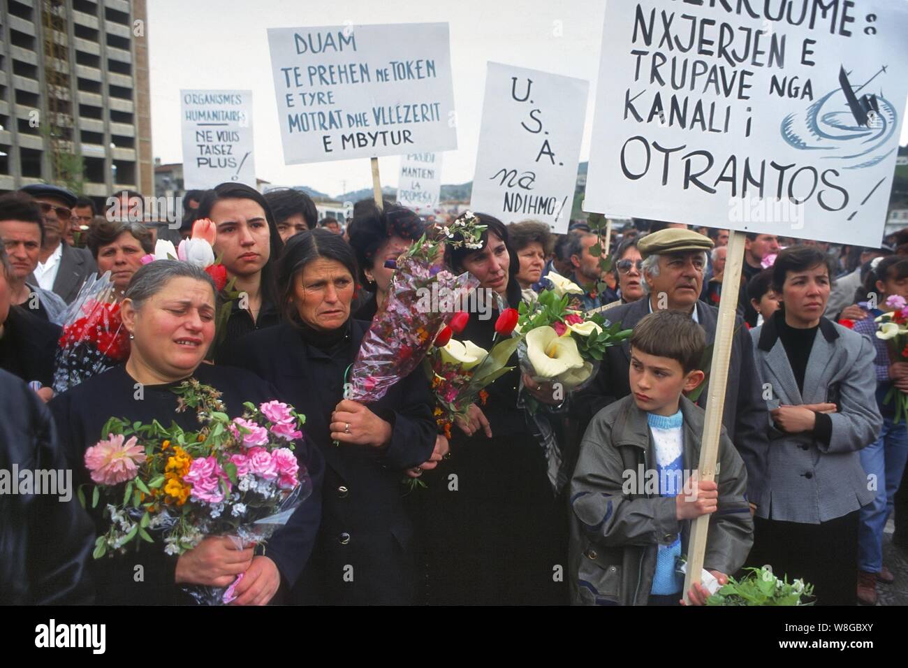 Albania, Vlora, April 1997, demonstration in memory of the tragedy of the Otranto Canal (28 March 1997), when the Italian military ship Sibilla accidentally rammed the Albanian patrol boat Katër i Radës loaded with refugees escaping from the civil war, causing about 83 deaths and missing. Stock Photo