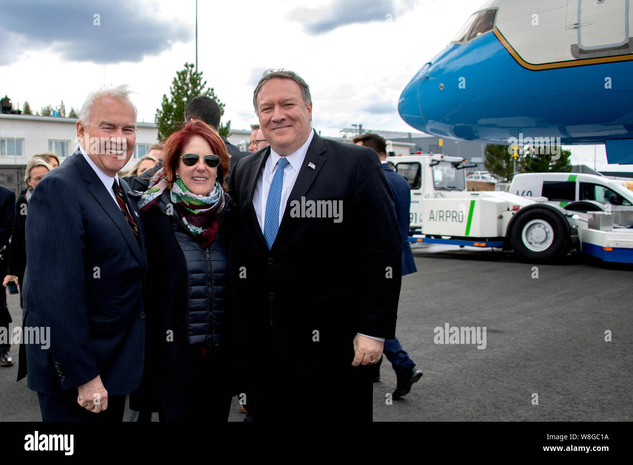 U.S. Secretary of State Michael R. Pompeo with U.S. Ambassador to Finland Robert Pence and Mrs. Suzy Pence prior to departing Rovaniemi Airport in Rov Stock Photo