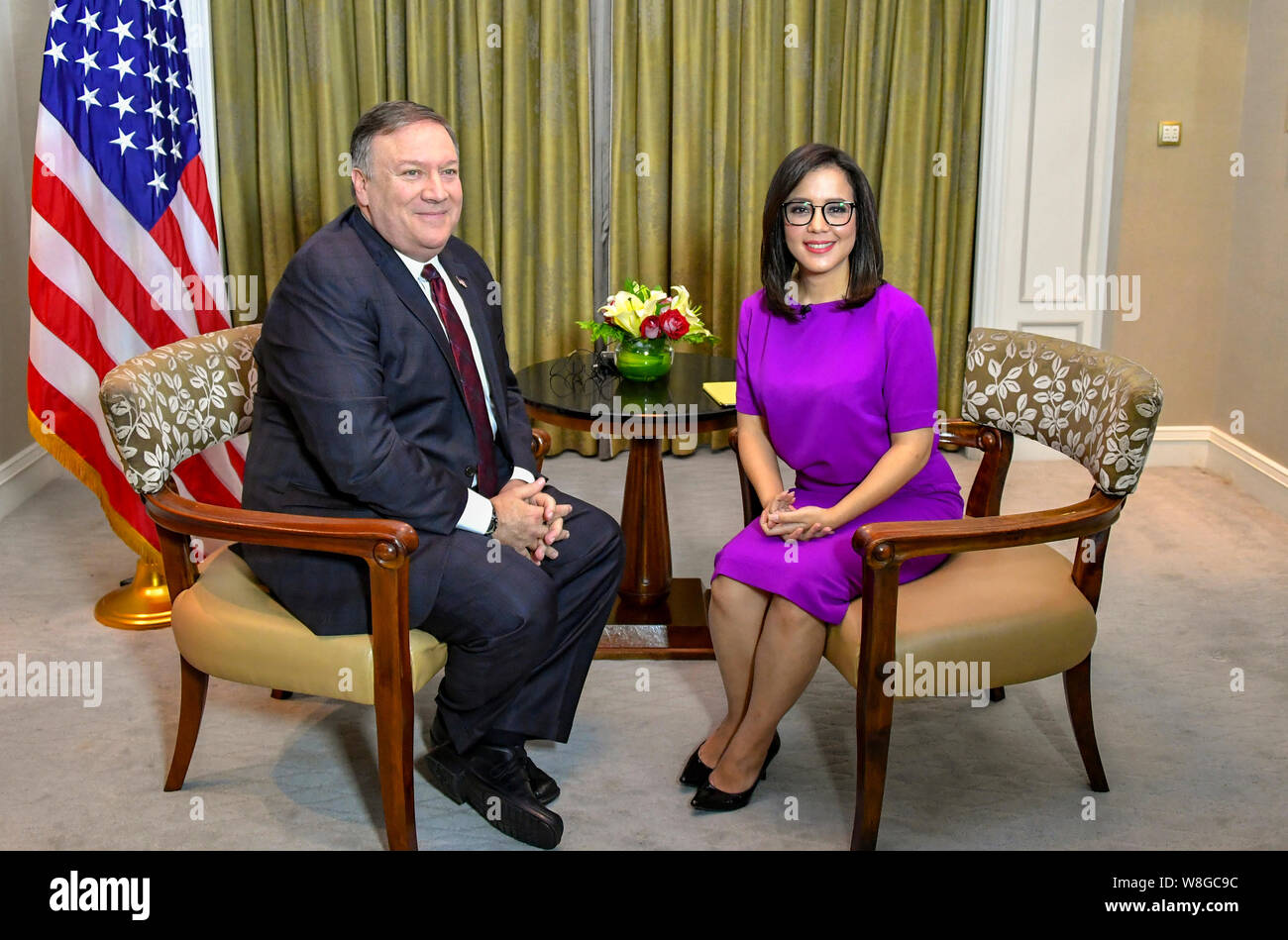 Secretary Michael R. Pompeo does an interview with Kania Sutisnawinata from Metro TV, August 5 2018 in Jakarta, Indonesia. Stock Photo