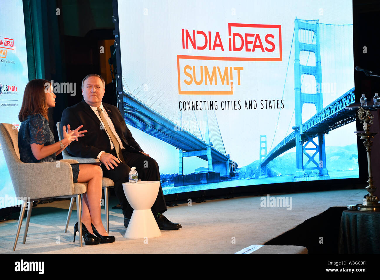 U.S. Secretary of State Michael R. Pompeo participates in a Q&A following his remarks at the India Ideas Summit and 44th Annual Meeting of the U.S.-In Stock Photo