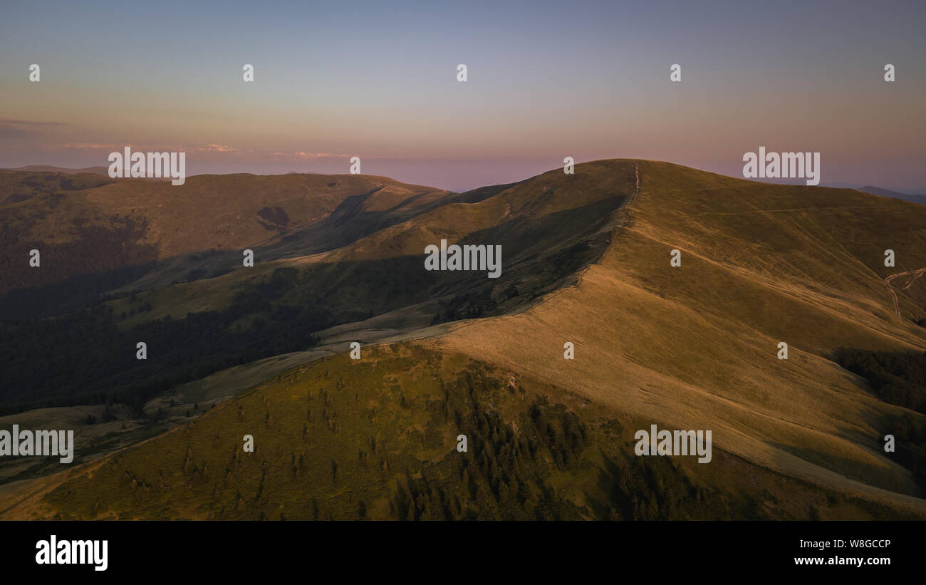 Aerial view of Svidovets ridge.Carpathian mountains in Ukraine during sunset done by drone Stock Photo