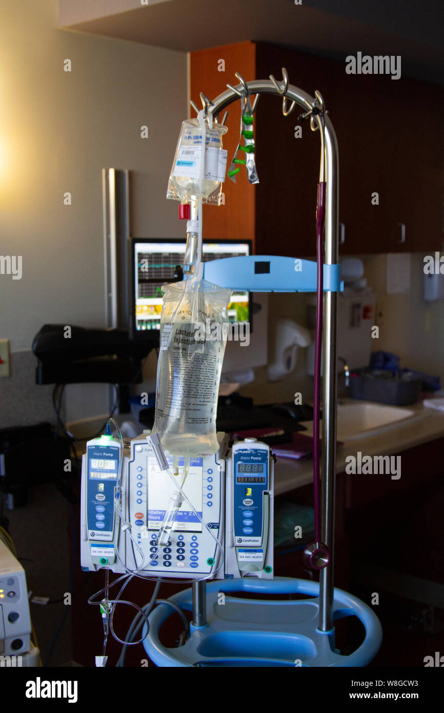 An IV pole in a modern delivery and labor room in a hospital in the USA