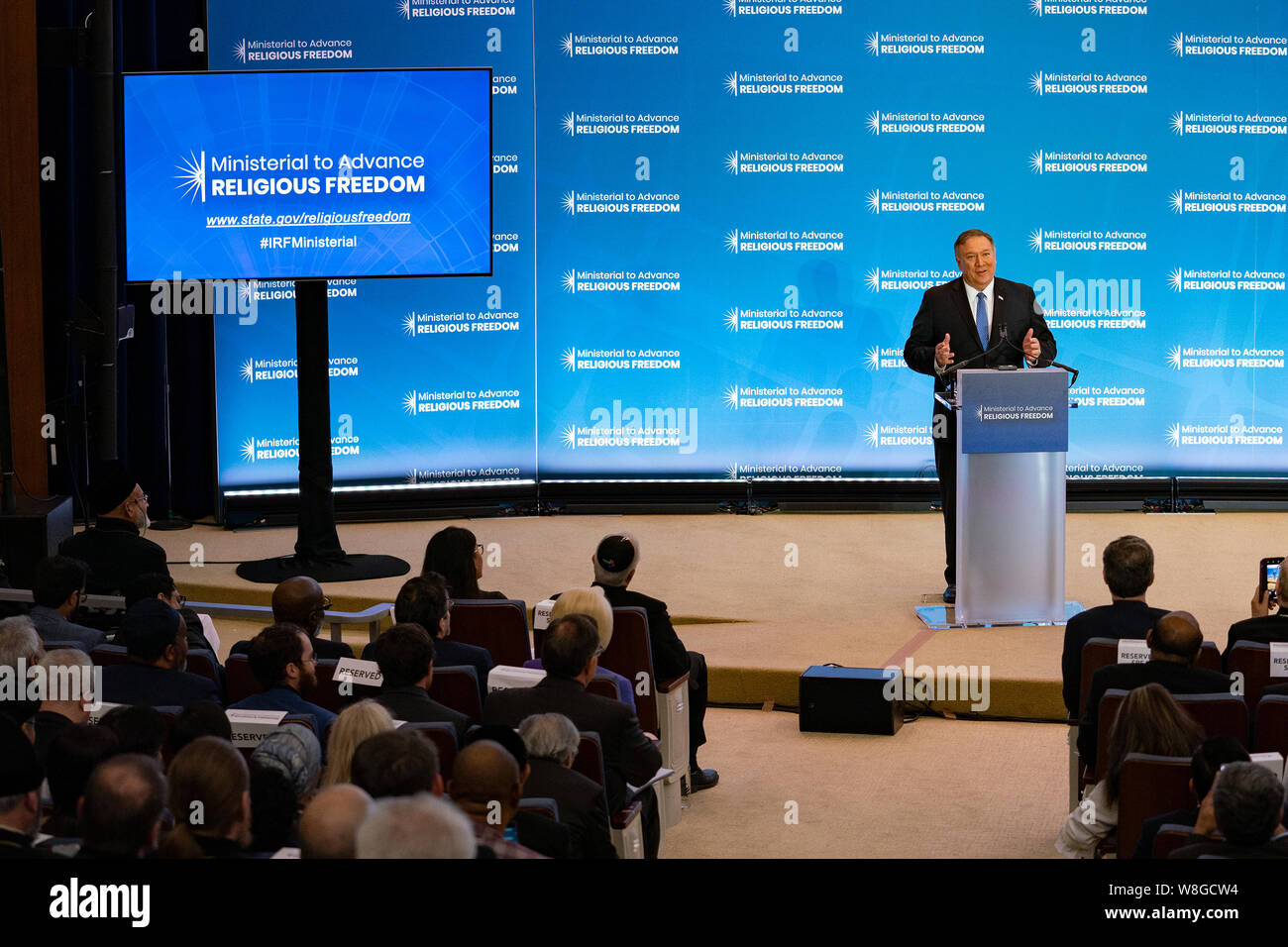 U.S. Secretary of State Michael R. Pompeo Delivers Welcome Remarks at the Ministerial to Advance Religious Freedom at the U.S. Department of State on Stock Photo