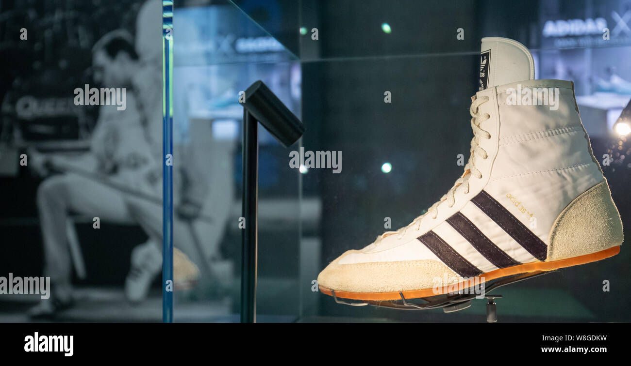 Herzogenaurach, Germany. 09th Aug, 2019. The shoe model "Hercules" from the  year 1984 of the sports goods manufacturer adidas is in a history  exhibition of the manufacturer. The model was worn by