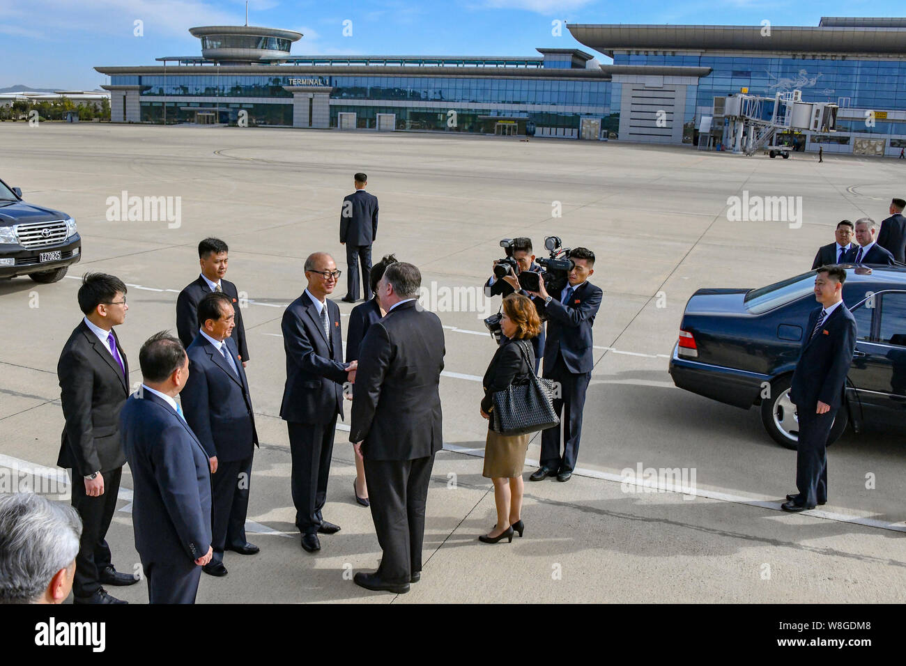 Secretary of State Michael R. Pompeo is welcomed to Pyongyang, Democratic People's Republic of Korea, on October 7, 2018. Stock Photo