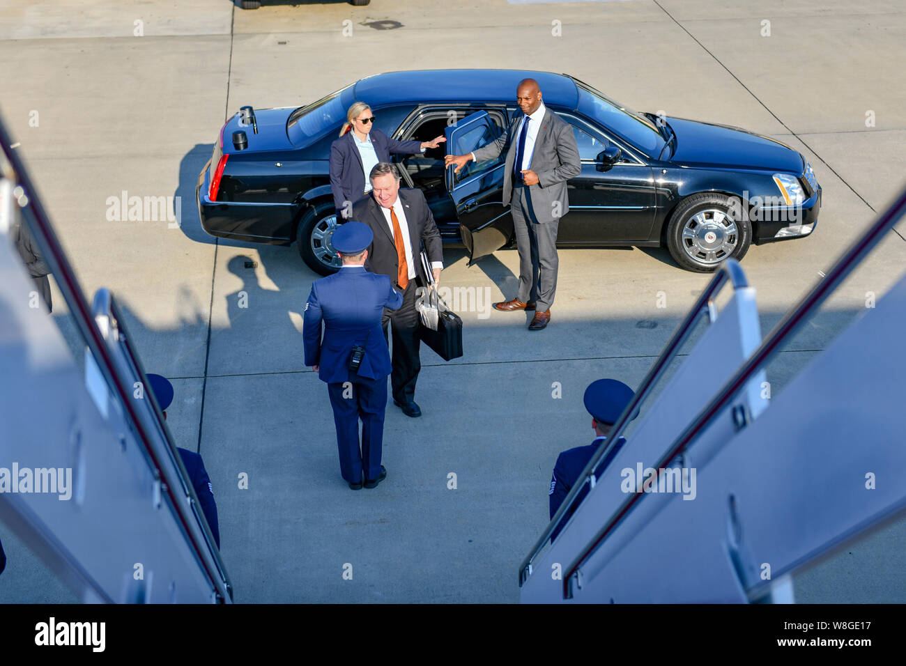 U.S. Secretary of State Michael R. Pompeo prepares to depart Joint Base Andrews en route to New York, New York in Camp Springs, Maryland on July 20, 2 Stock Photo