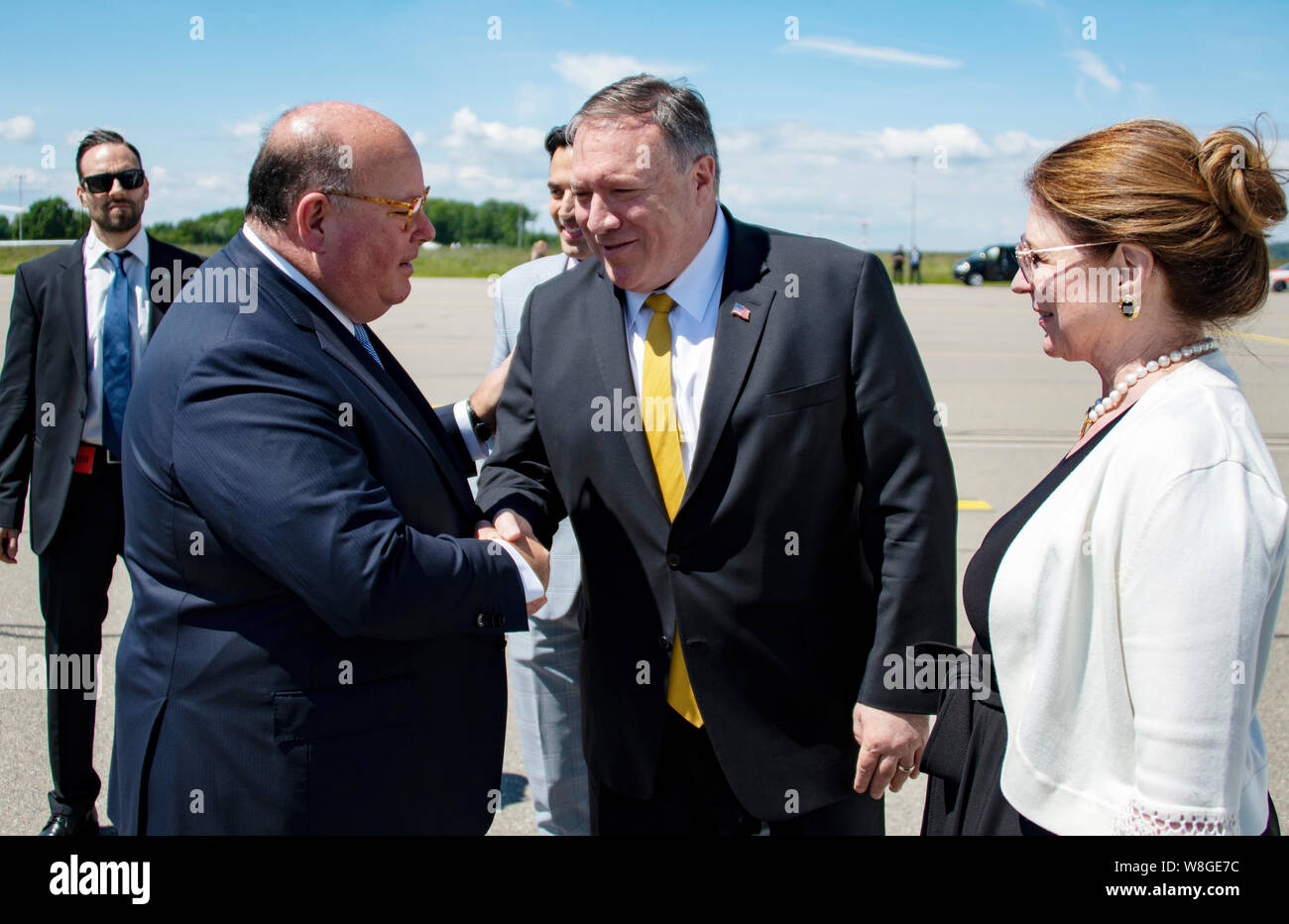 Secretary of State Michael R. Pompeo is greeted by U.S. Ambassador to Switzerland Edward T. McMullen upon his arrival to Zurich, Switzerland, on May 3 Stock Photo
