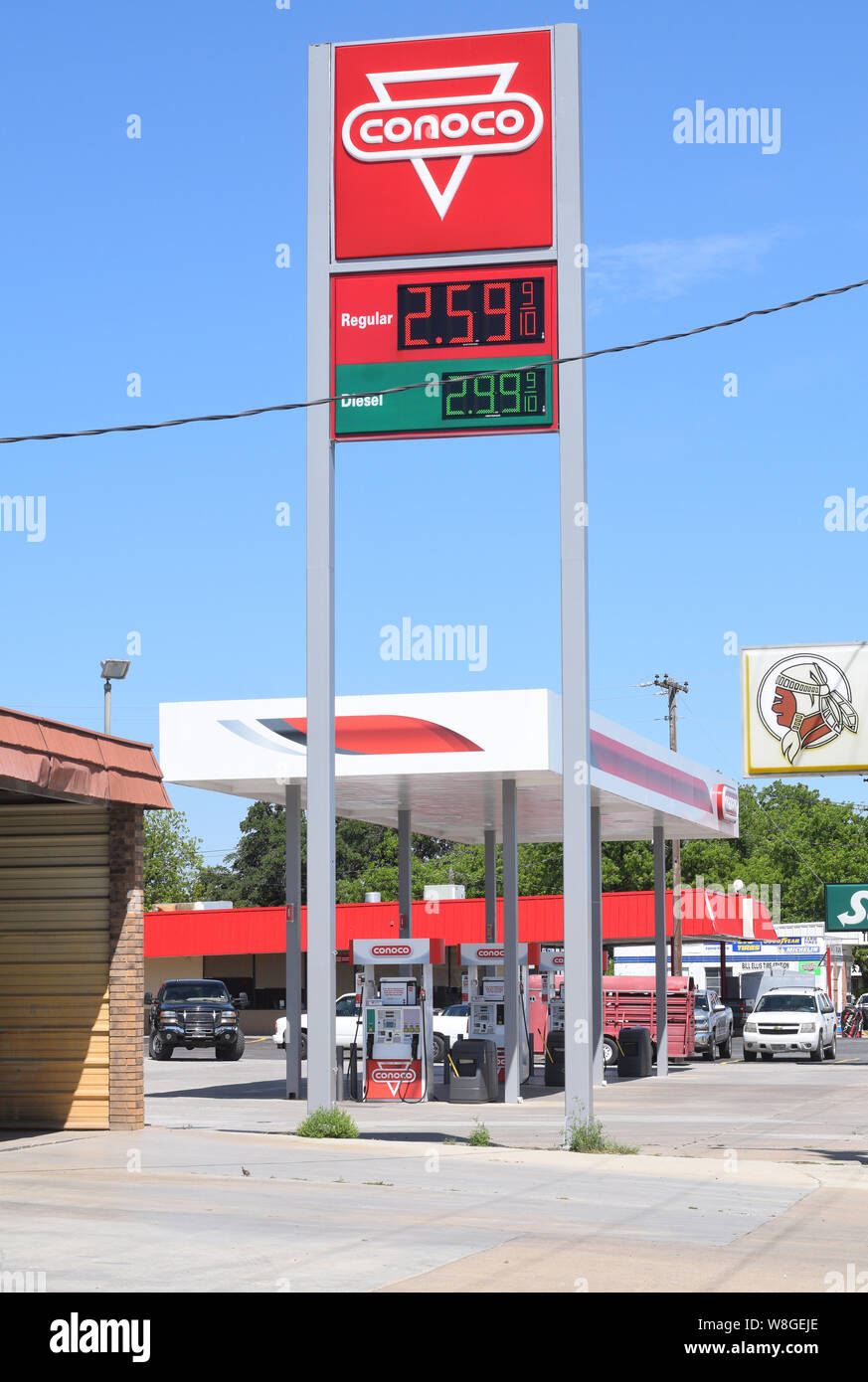 Gas prices on a Conoco Gas Station sign in the small town of Comanche Texas Stock Photo
