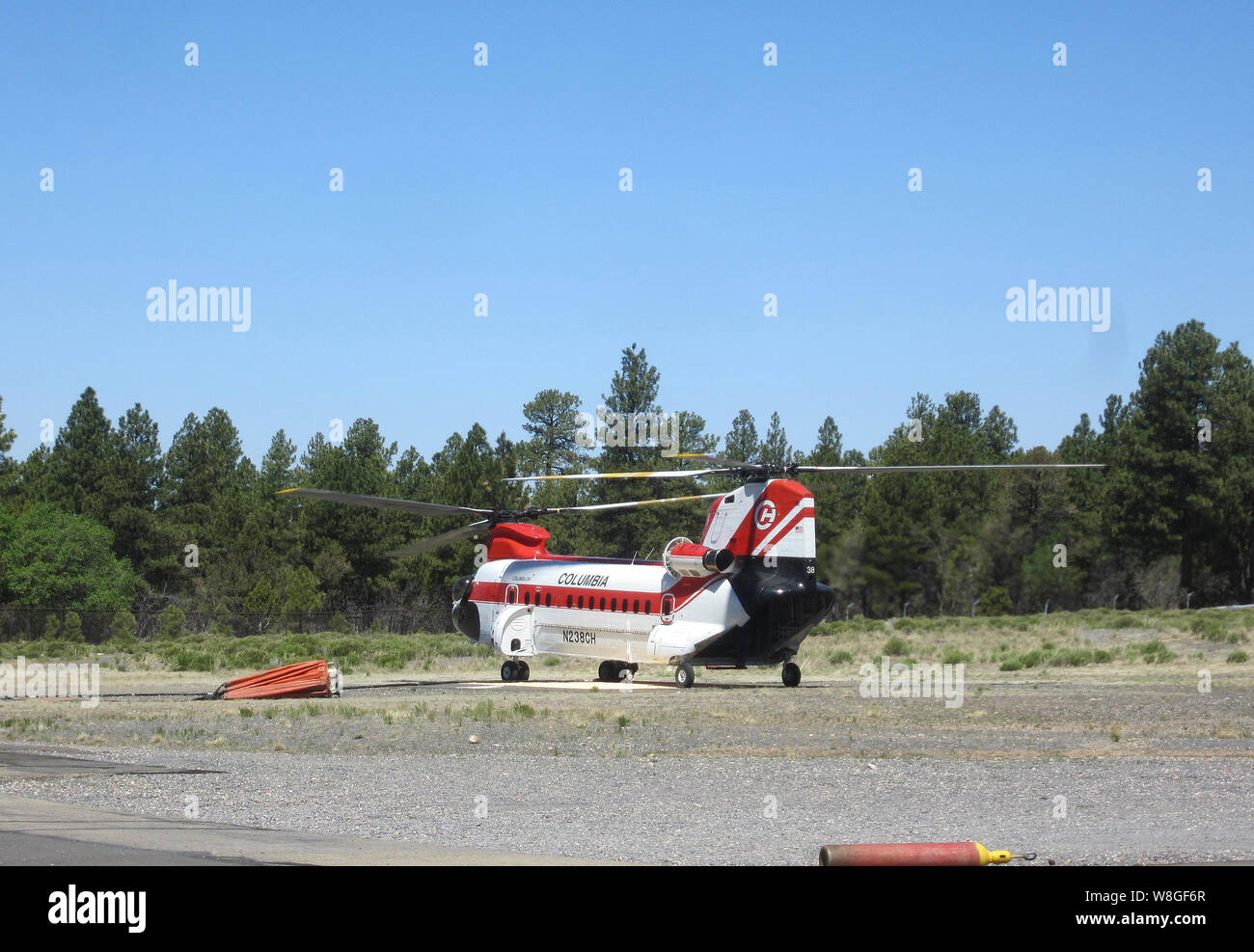 Type 1 Boeing Chinook Columbia 234 Helicopter prepares for another hard day of fire suppression at the Galahad Fire on Jun. 1, 2014. Stock Photo