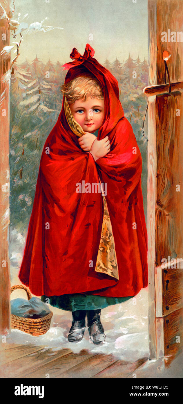 Vintage 1897 chromolithograph portrait of the fairy tale character Little Red Riding Hood. Publisher unknown. Stock Photo