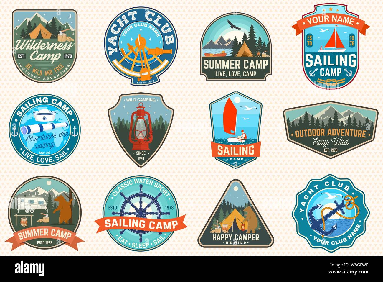 Set Of Sailing Camp And Summer Camp Patches Vector Illustration Concept For Shirt Print Stamp Or Tee Design With Sea Anchors Hand Wheel Sailboat Camping Tent And Campfire Silhouette Stock Vector Set Of Sailing Camp And Summer Camp Patches Vector Illustration Concept For Shirt Print Stamp Or Tee Design With Sea Anchors Hand Wheel Sailboat Camping Tent And Campfire Silhouette Stock Vector