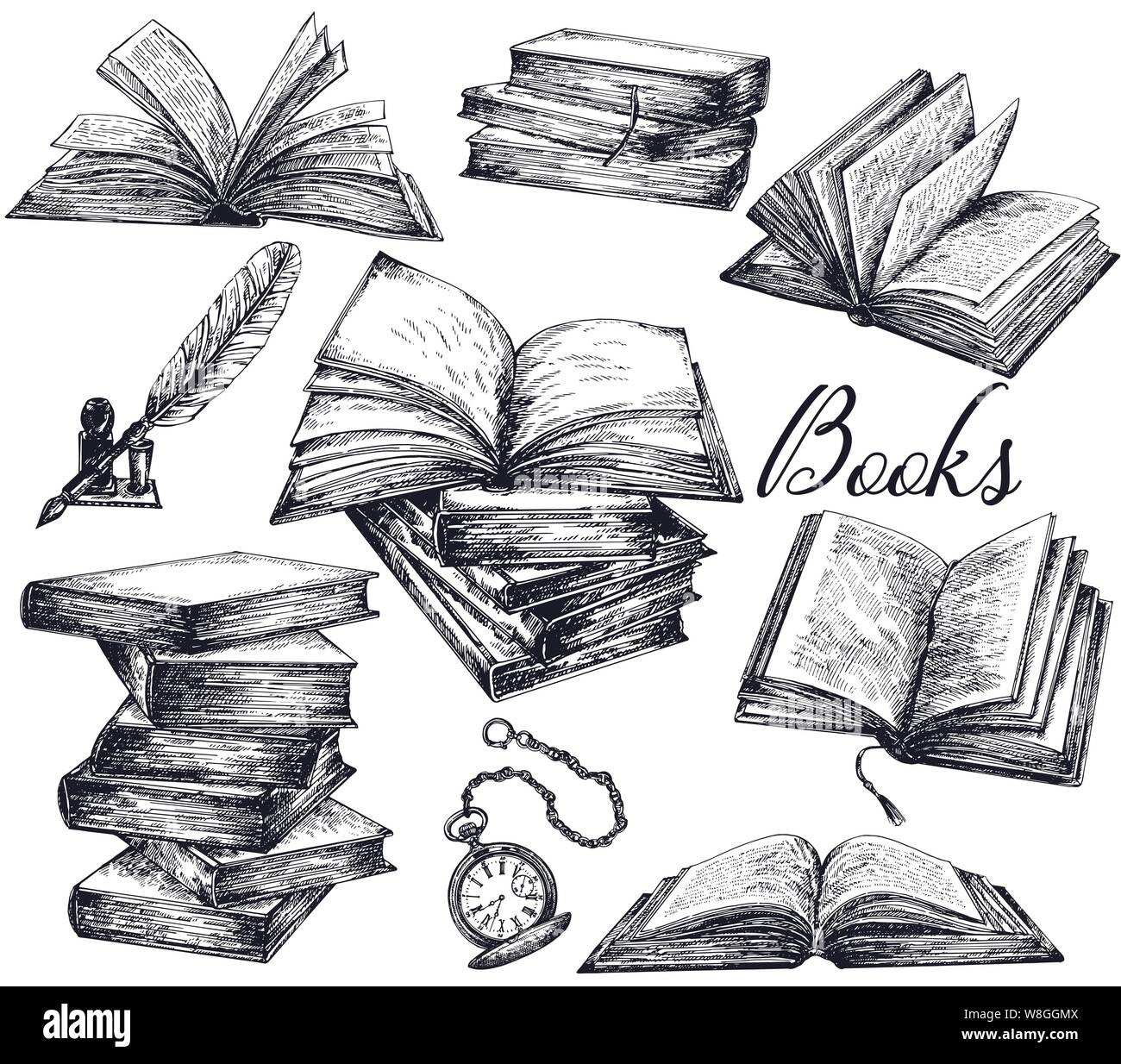 Set of hand drawn sketch style books, feather pen and pocket watch isolated on white background. Vector illustration. Stock Vector