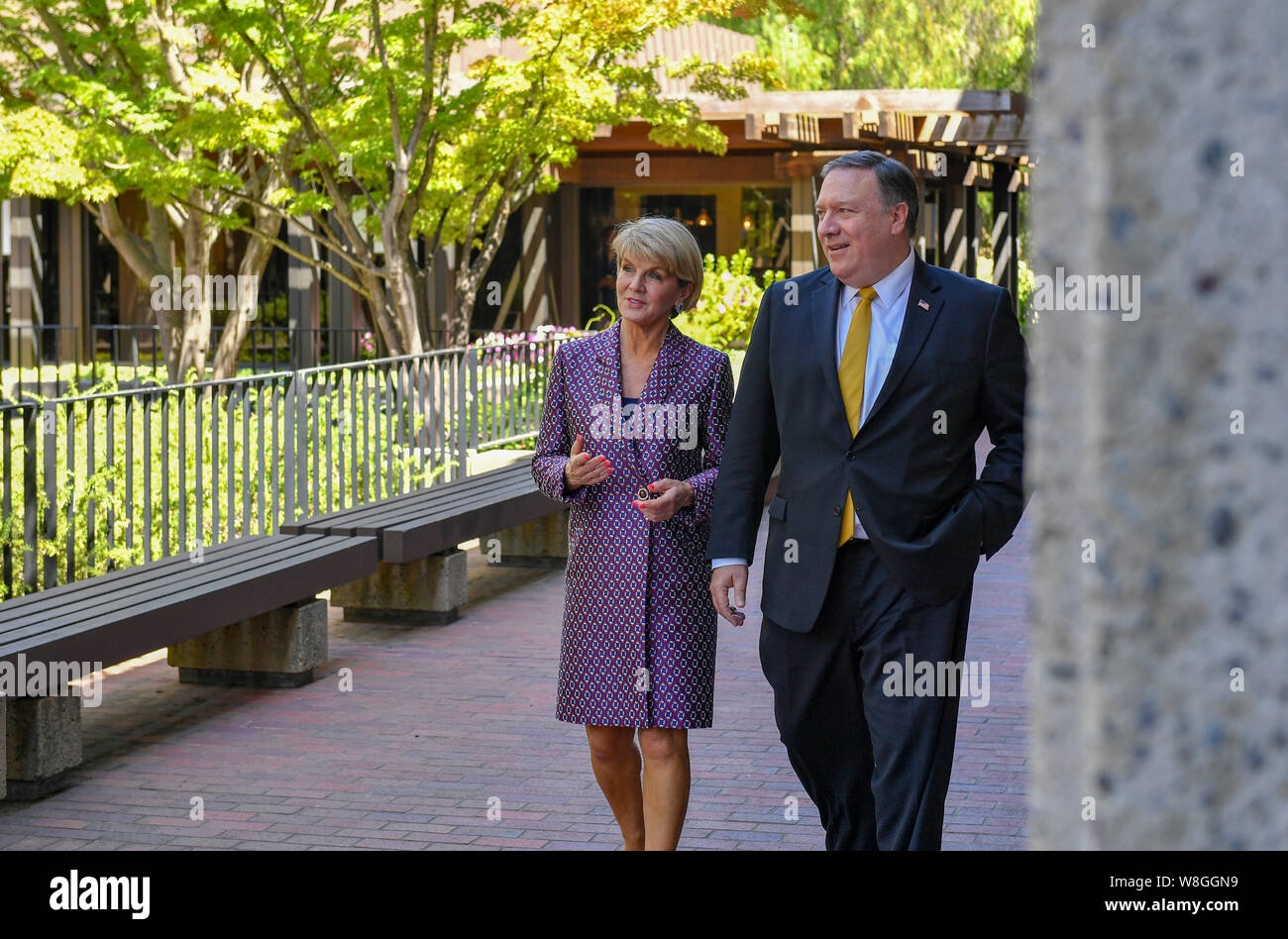 U.S. Secretary of State Michael R. Pompeo and Australian Foreign Minister Julie Bishop go for a walk on the campus of Stanford University in Palo Alto Stock Photo