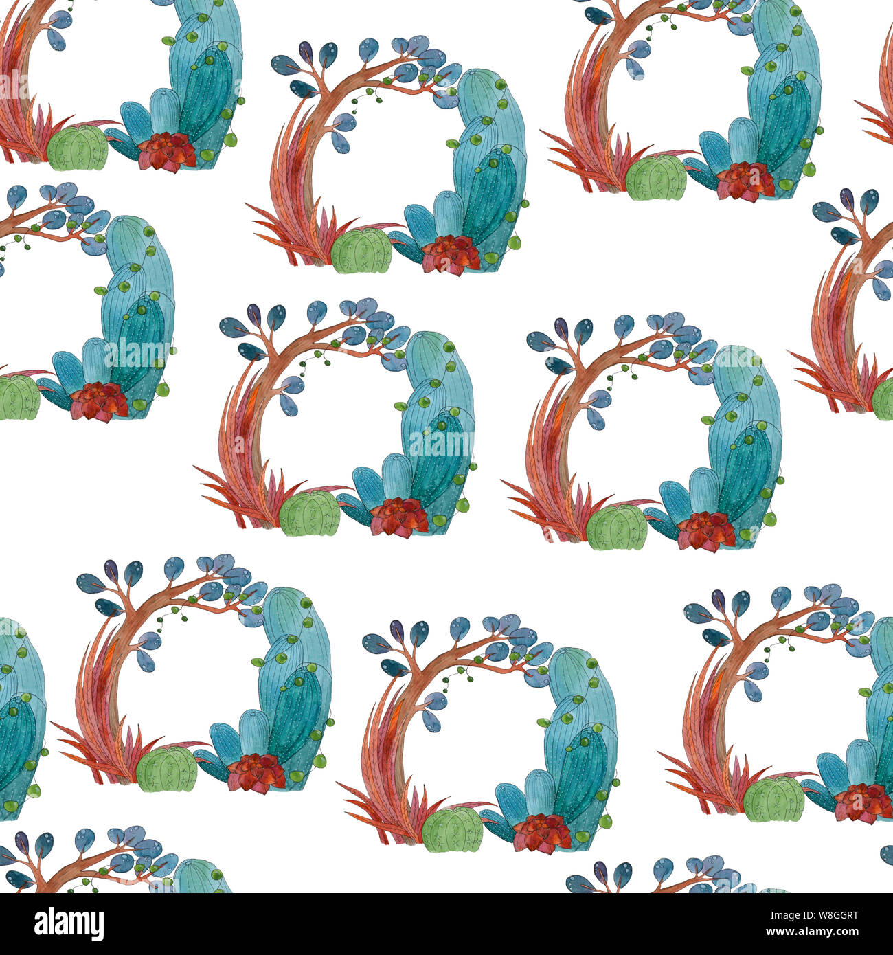 Seamless watercolor cactus pattern on white background Stock Photo